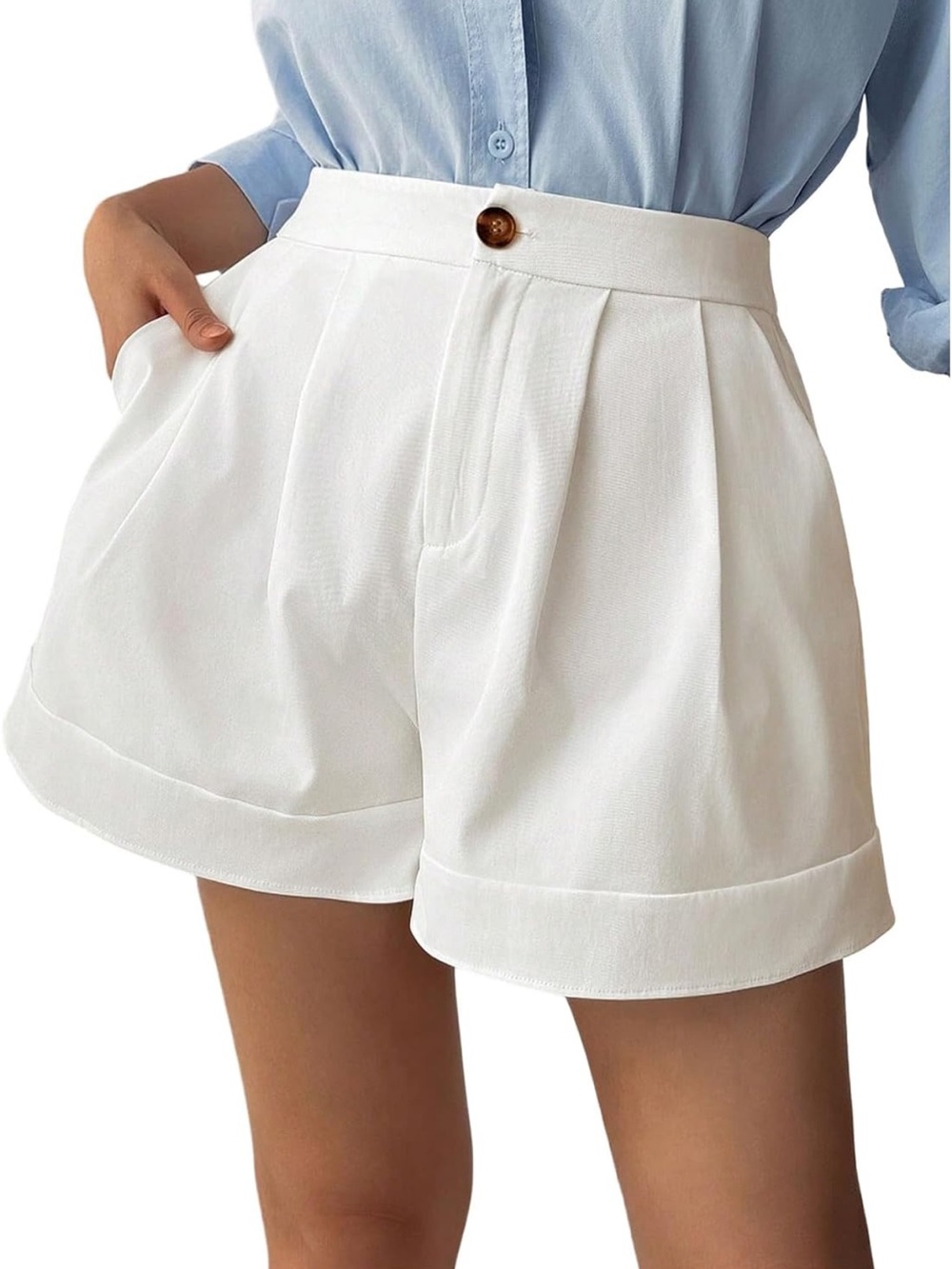 Pleated High-Waist White Women’s Shorts with Side Pockets